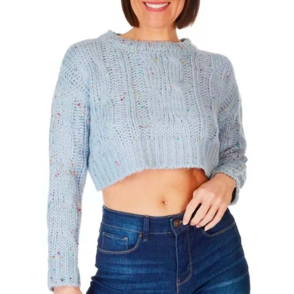 Double Zero Blue Fleck Cropped Cable Chunky Oversized Sweater MEDIUM